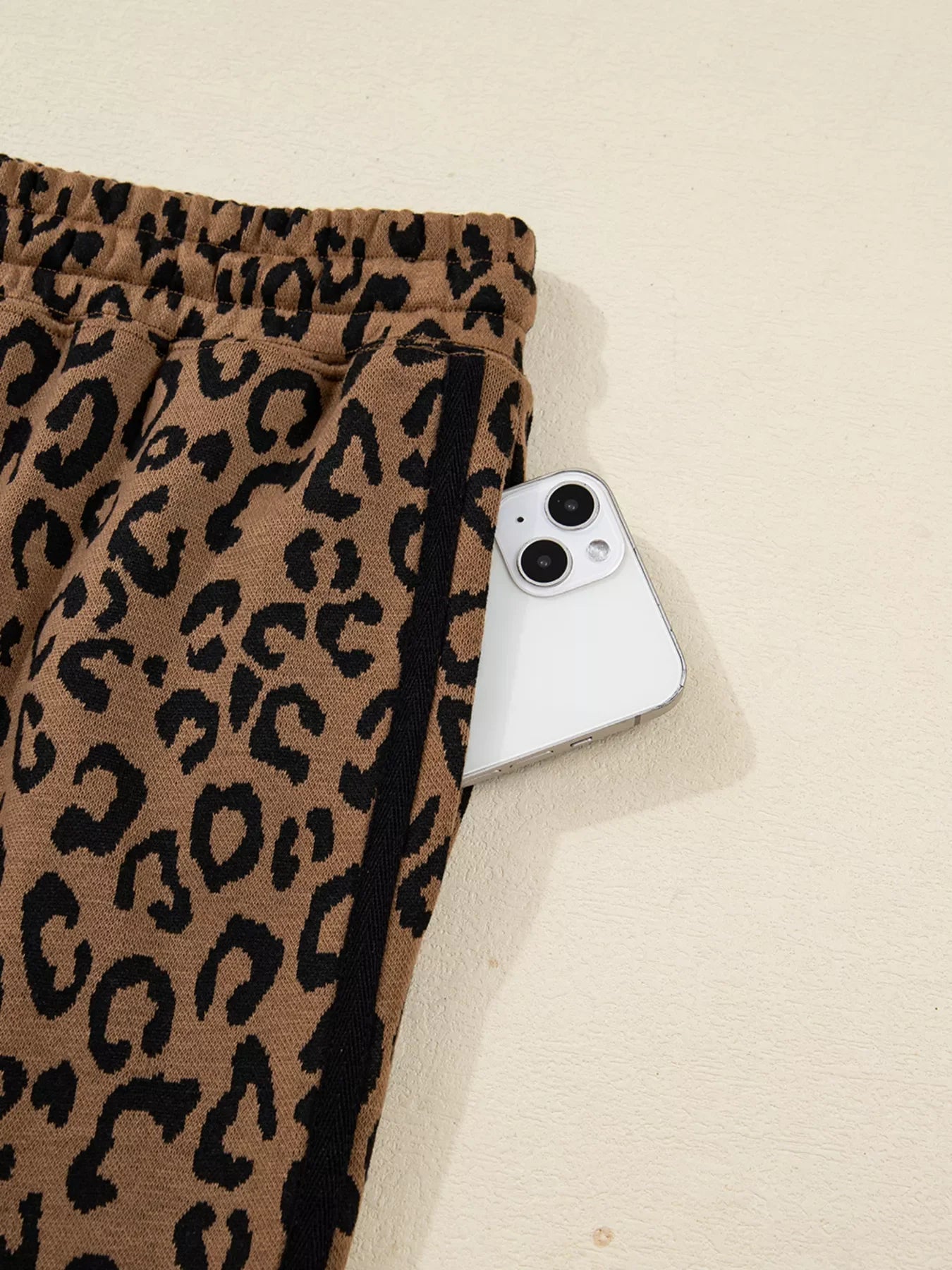 Striped Trim Leopard Long Sleeve Top Drawstring Pant