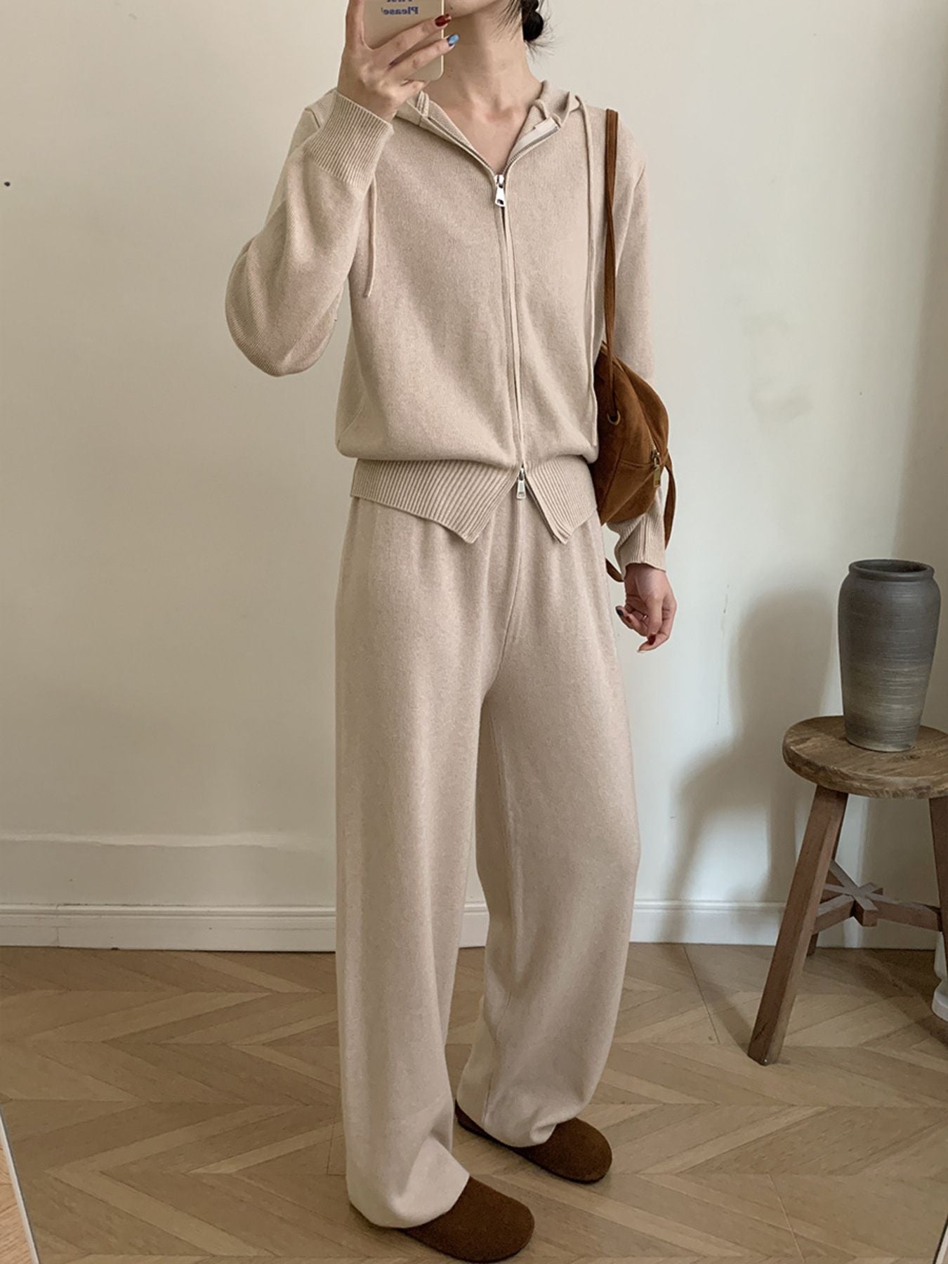 Zip Up Cardigan and Drawstring Wide Leg Pants