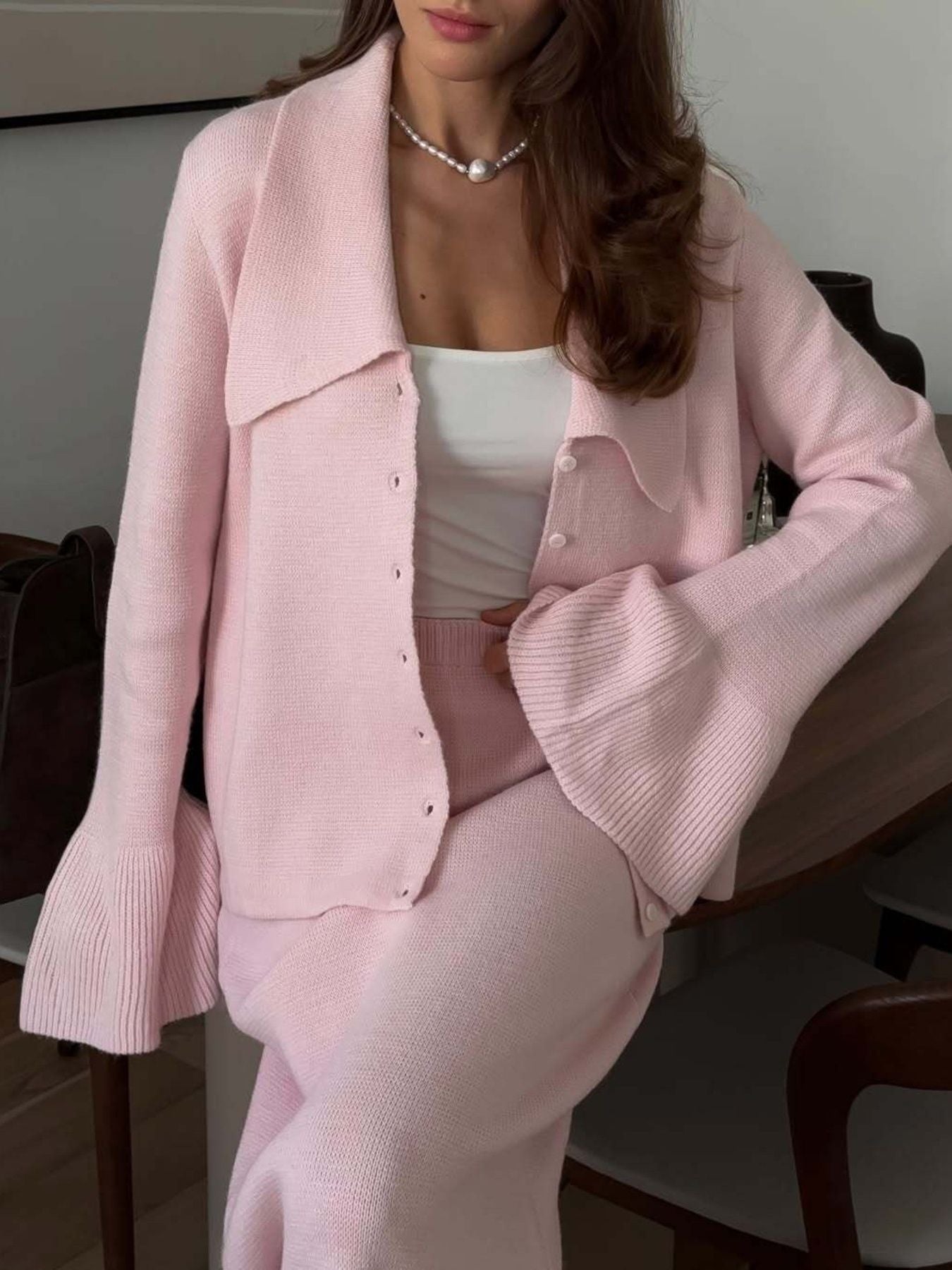 Button Down Long Sleeve Cardigan and Skirt Knit