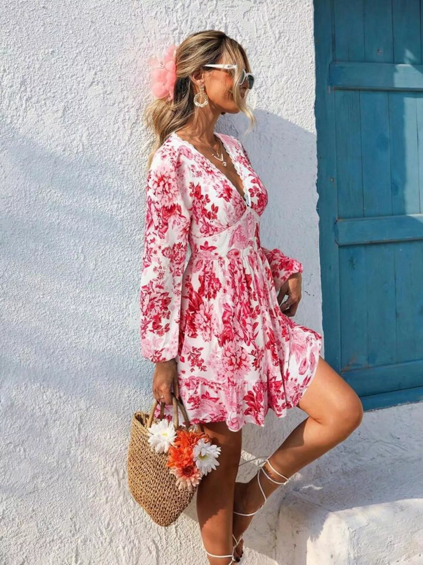Full Size Floral Print V-Neck Long Sleeve Ruffle