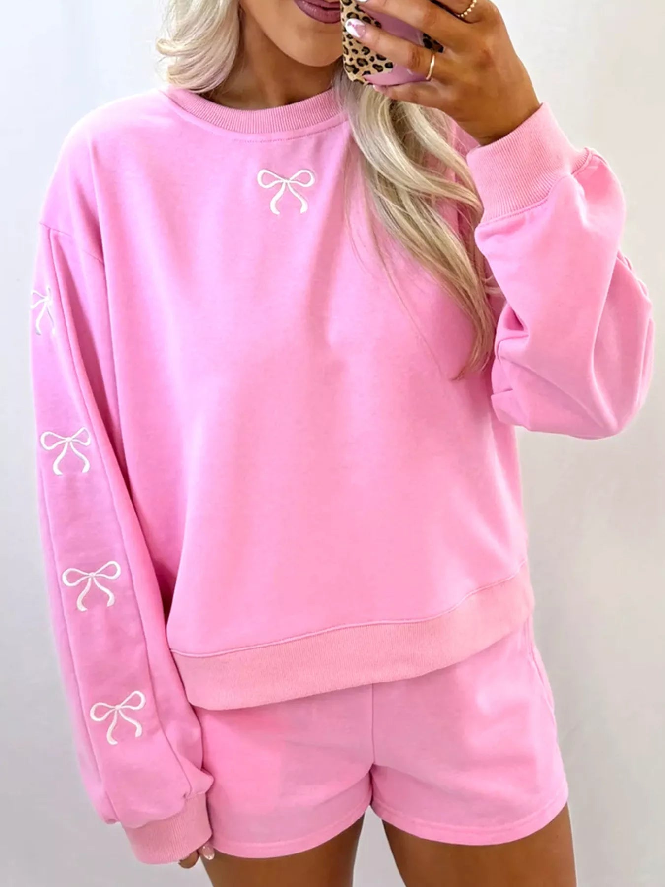 Bow Embroidered Round Neck Top and Shorts Set