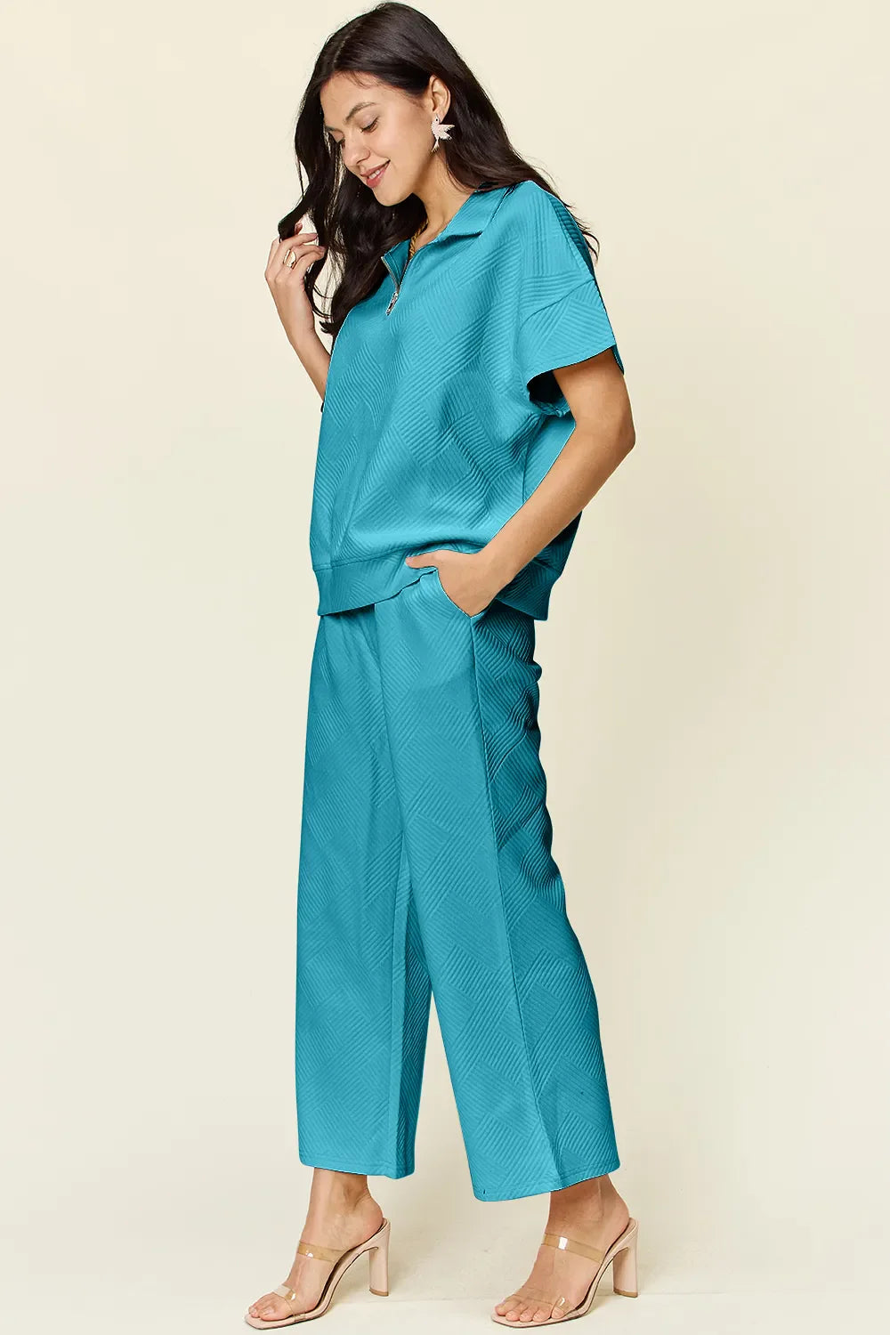 Double Take Full Size Texture Half Zip Short
