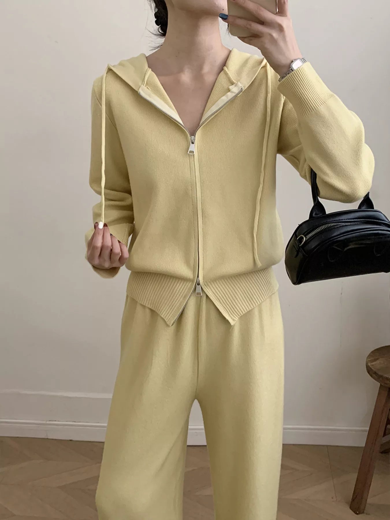 Zip Up Cardigan and Drawstring Wide Leg Pants