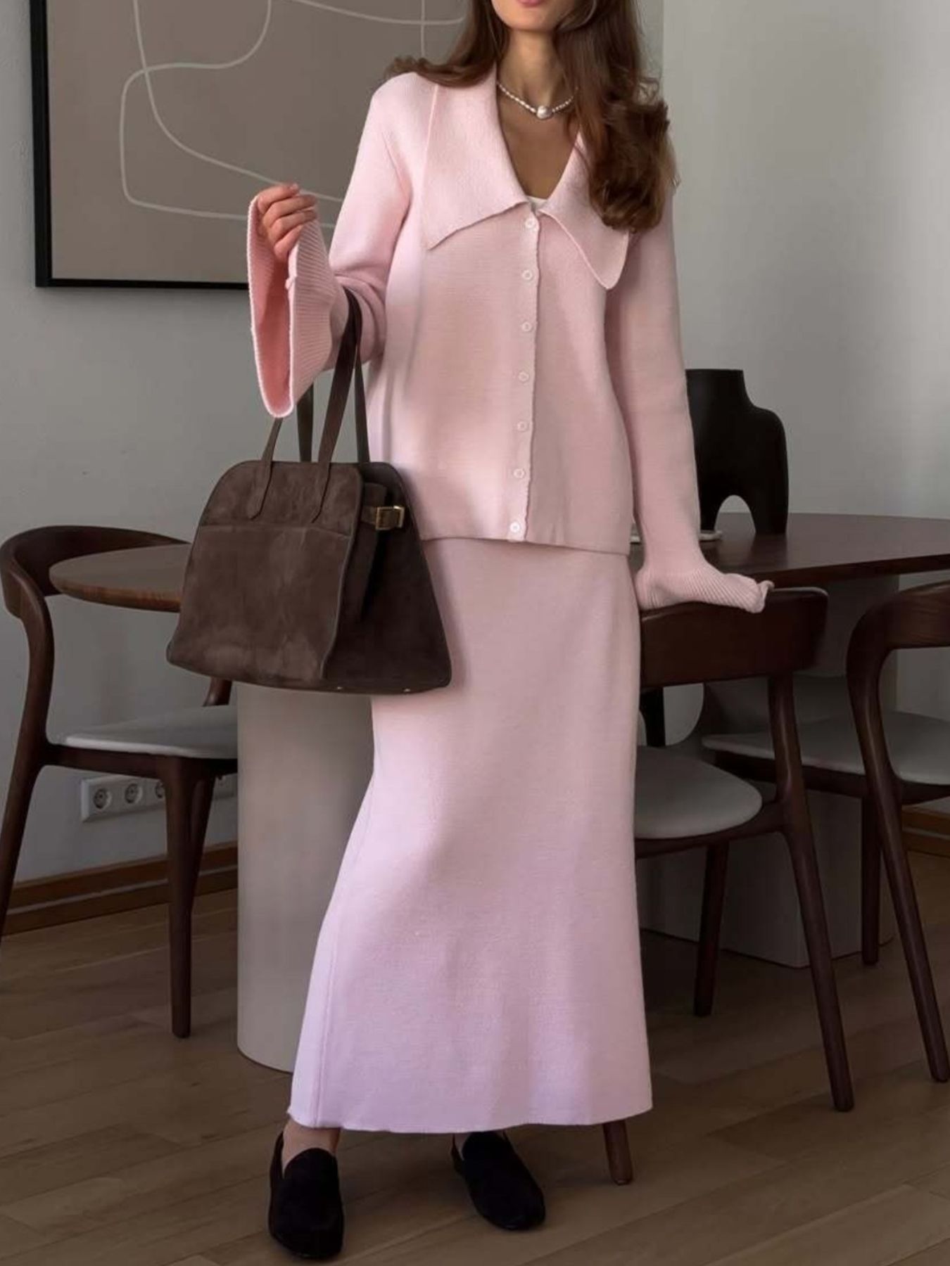 Button Down Long Sleeve Cardigan and Skirt Knit
