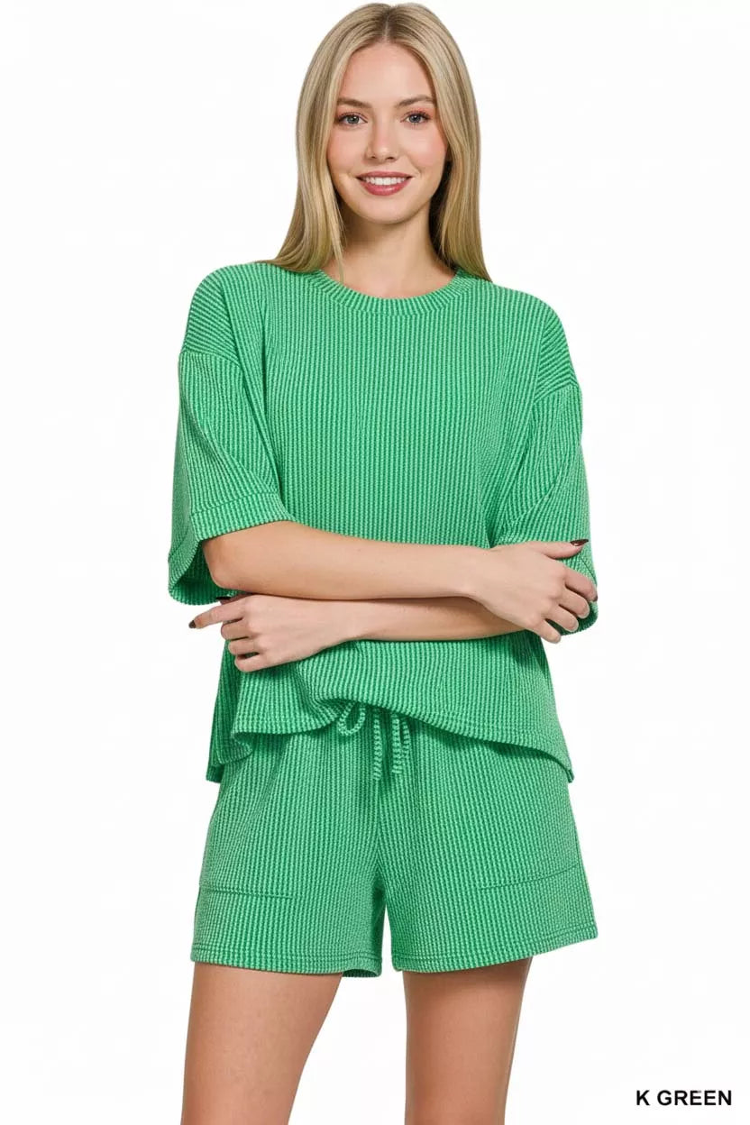 Zenana Raised Rib Short Sleeve Tee and Drawstring