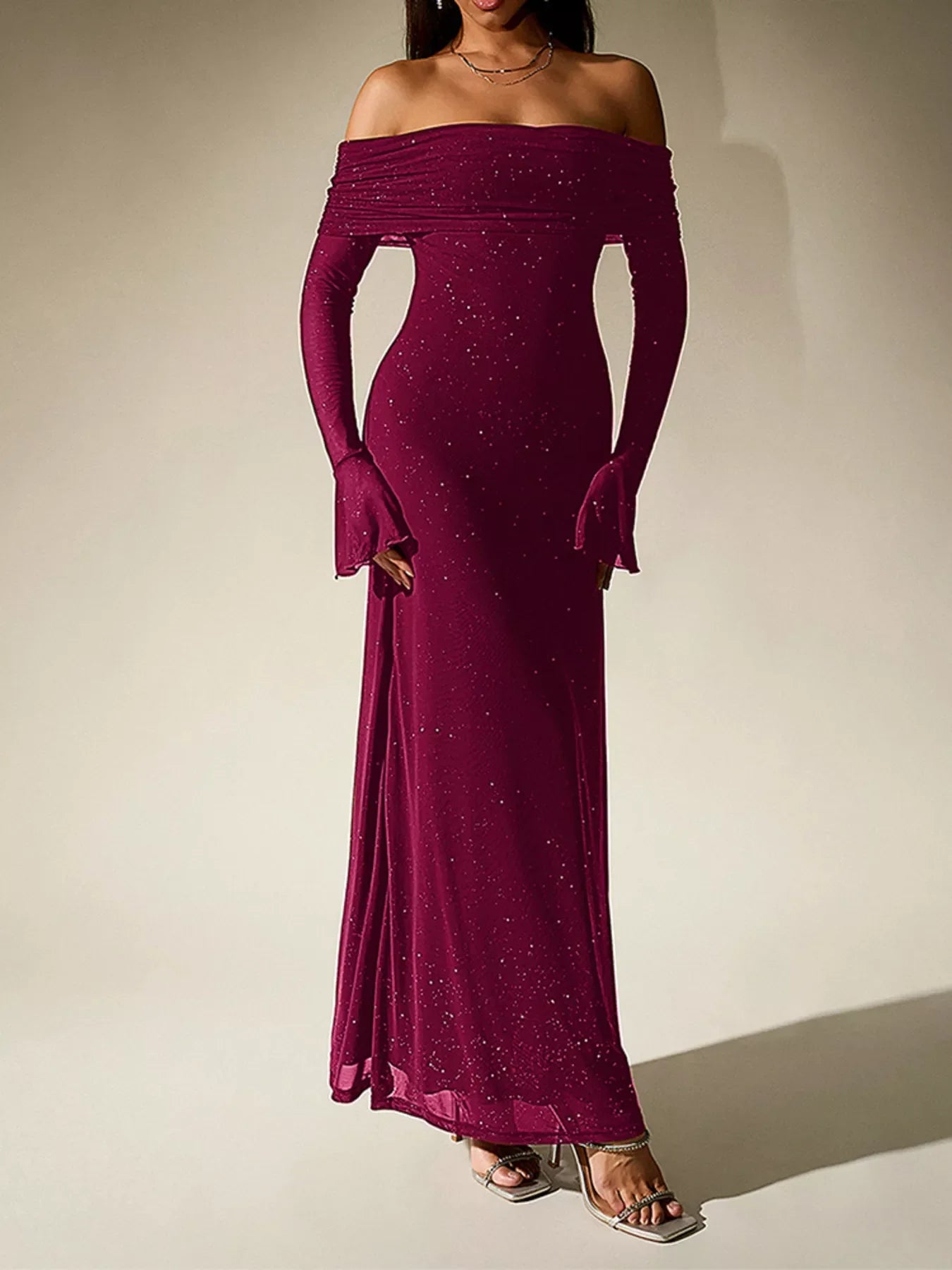 Glitter Off-Shoulder Maxi Dress