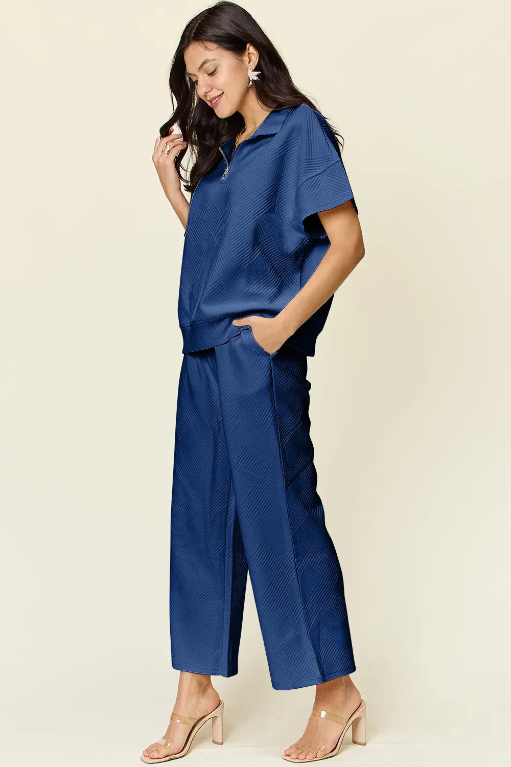 Double Take Full Size Texture Half Zip Short