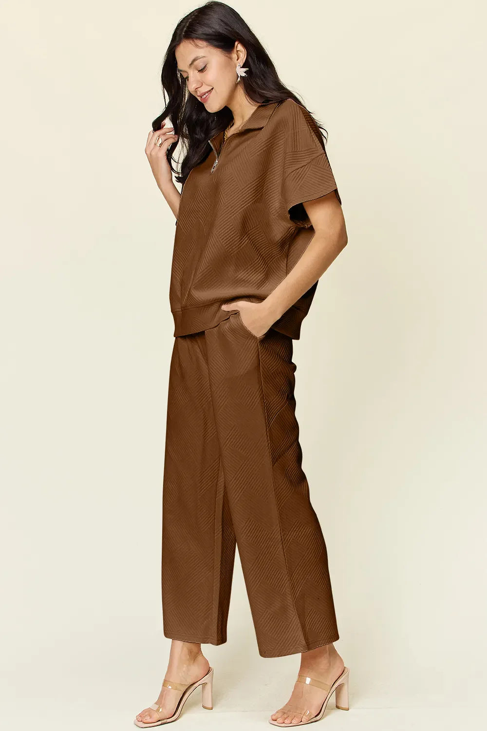 Double Take Full Size Texture Half Zip Short