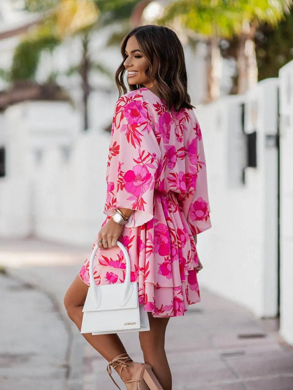 Orange & Pink Floral Wrap Mini Dress