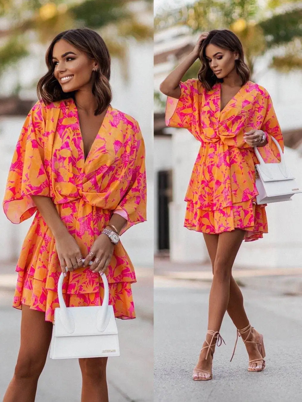Orange & Pink Floral Wrap Mini Dress