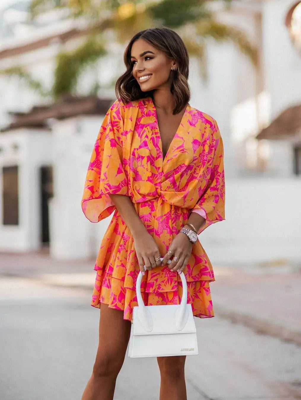 Orange & Pink Floral Wrap Mini Dress