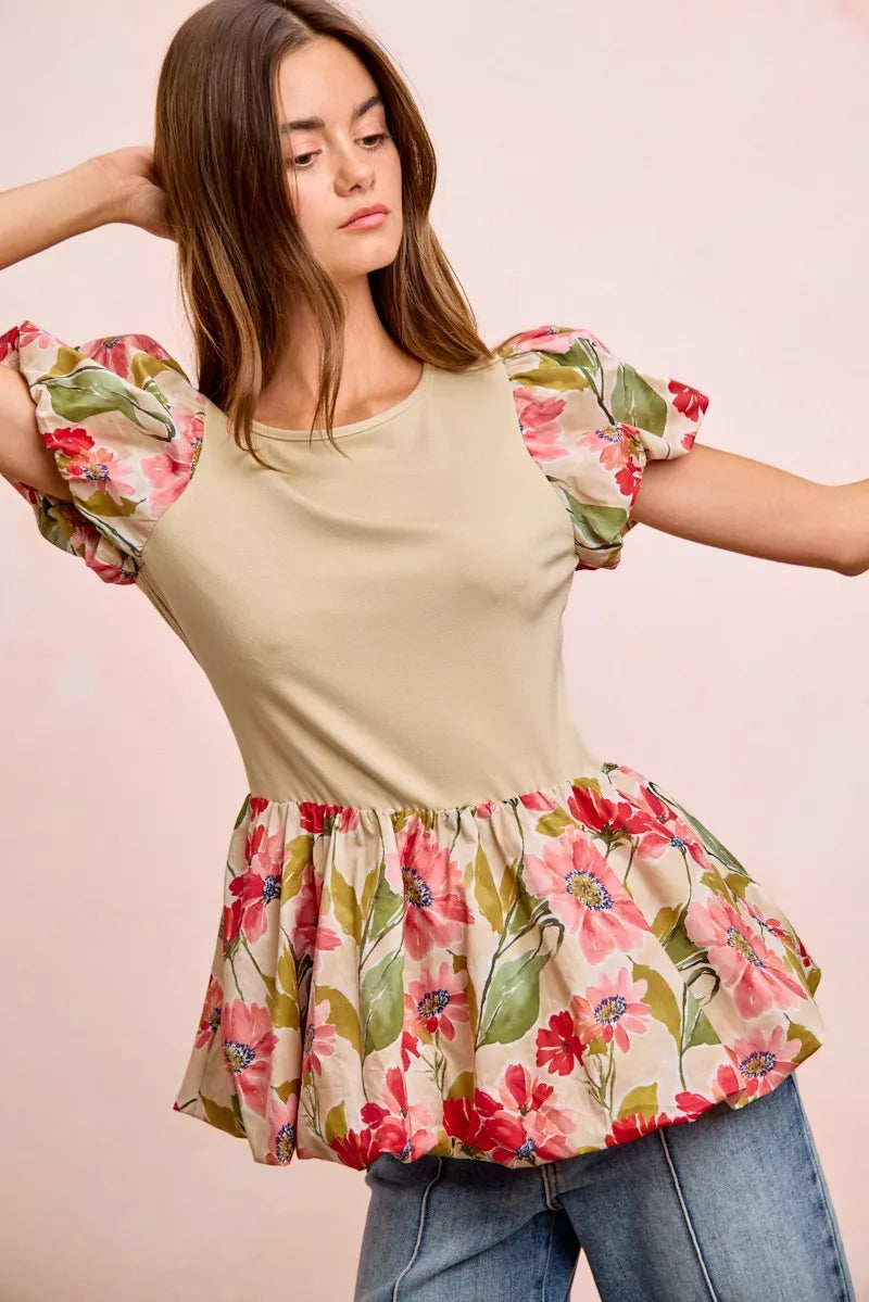 BiBi Floral Printed Bubble Sleeves and Hem Peplum