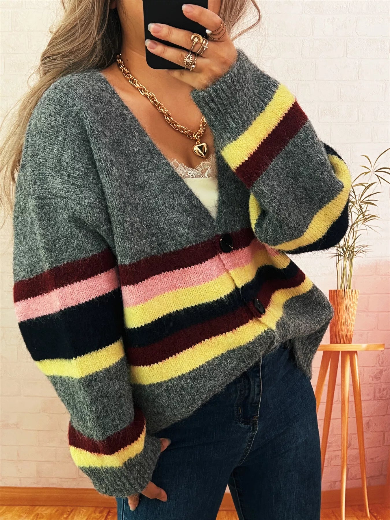 Ribbed Striped Button Down Cardigan