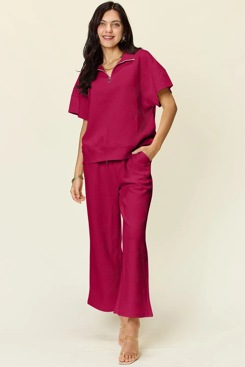 Double Take Full Size Texture Half Zip Short