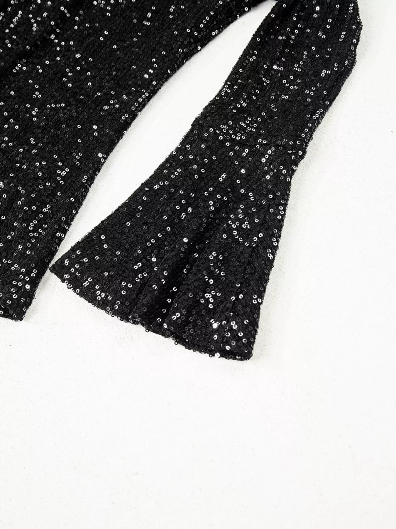 Sequin Mock Neck Drape Open Back Bell Sleeve