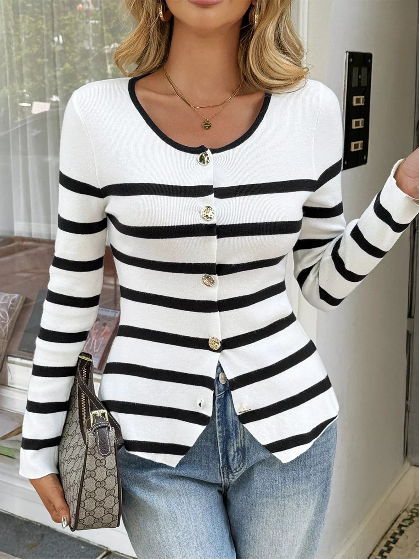 Striped Button-Up Knit Cardigan
