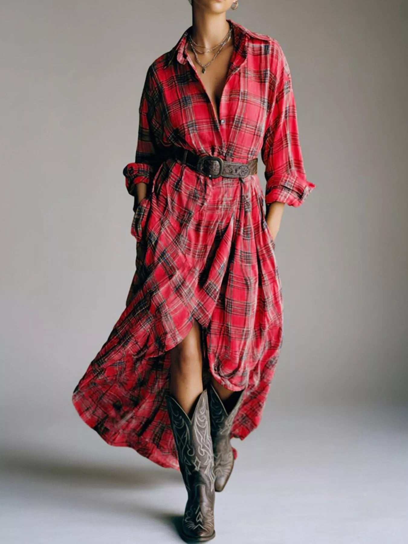 Full Size Plaid High-Low Long Sleeve Shirt Dress