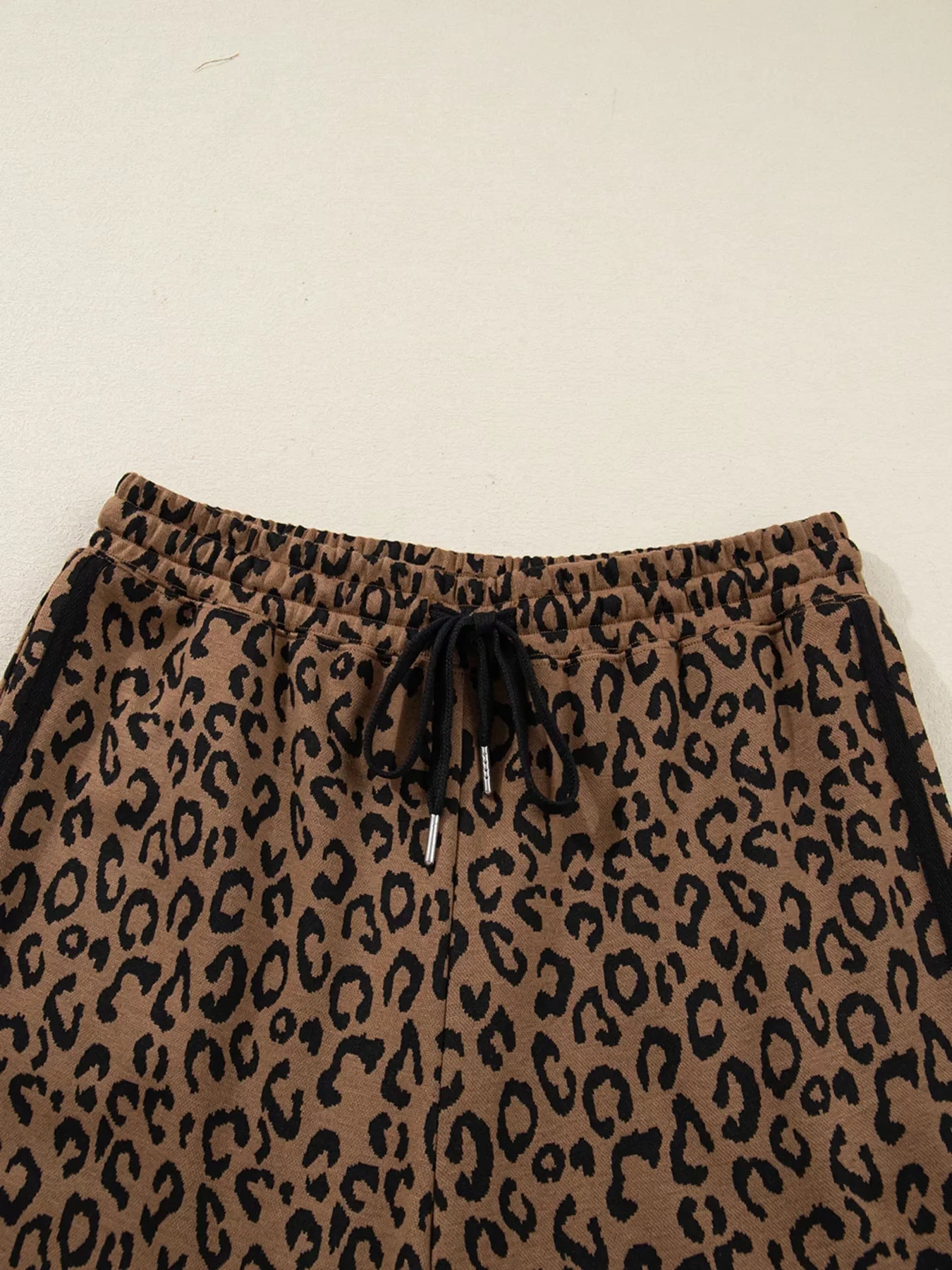Striped Trim Leopard Long Sleeve Top Drawstring Pant