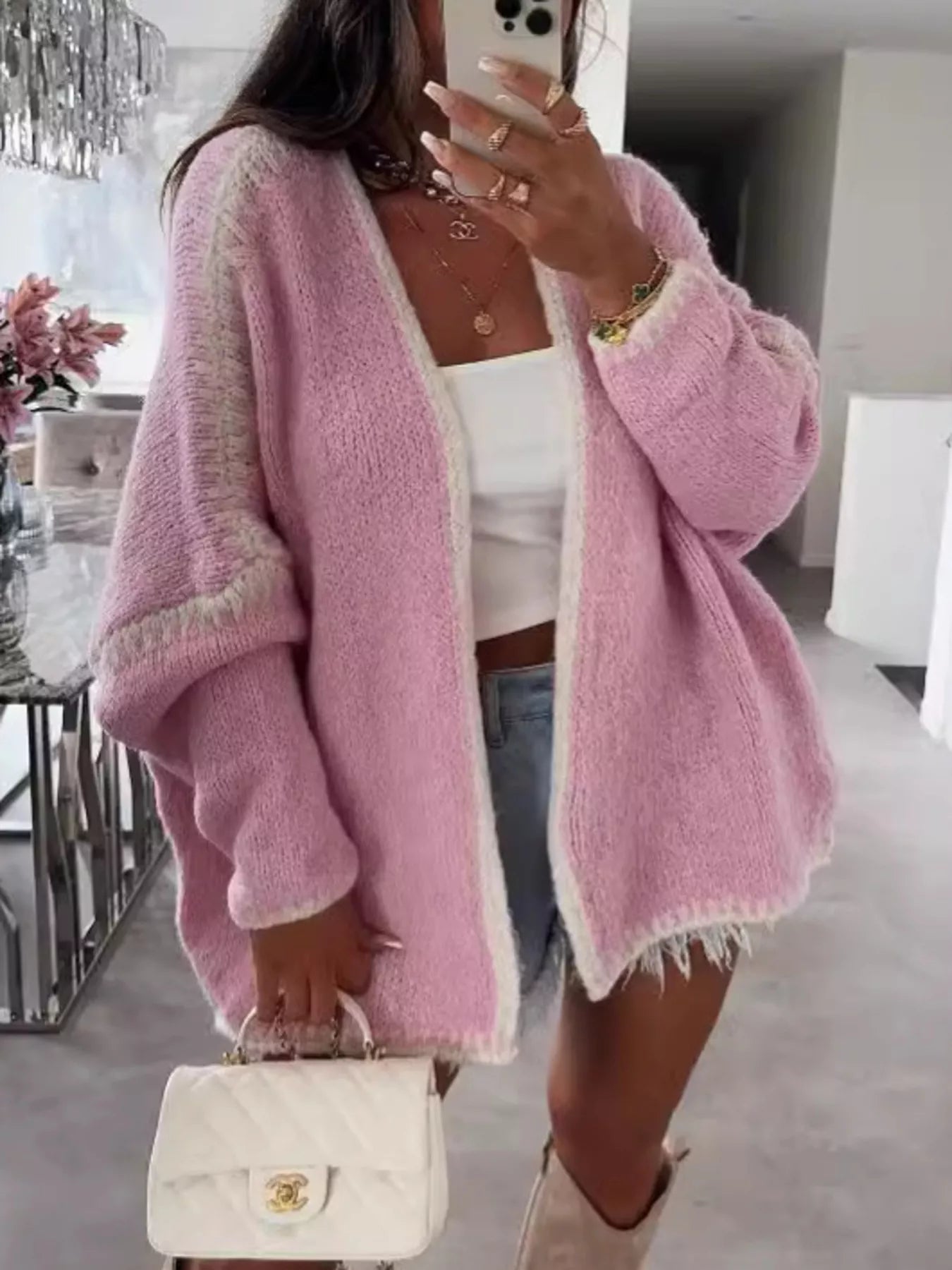 Contrast Trim Open Front Cardigan