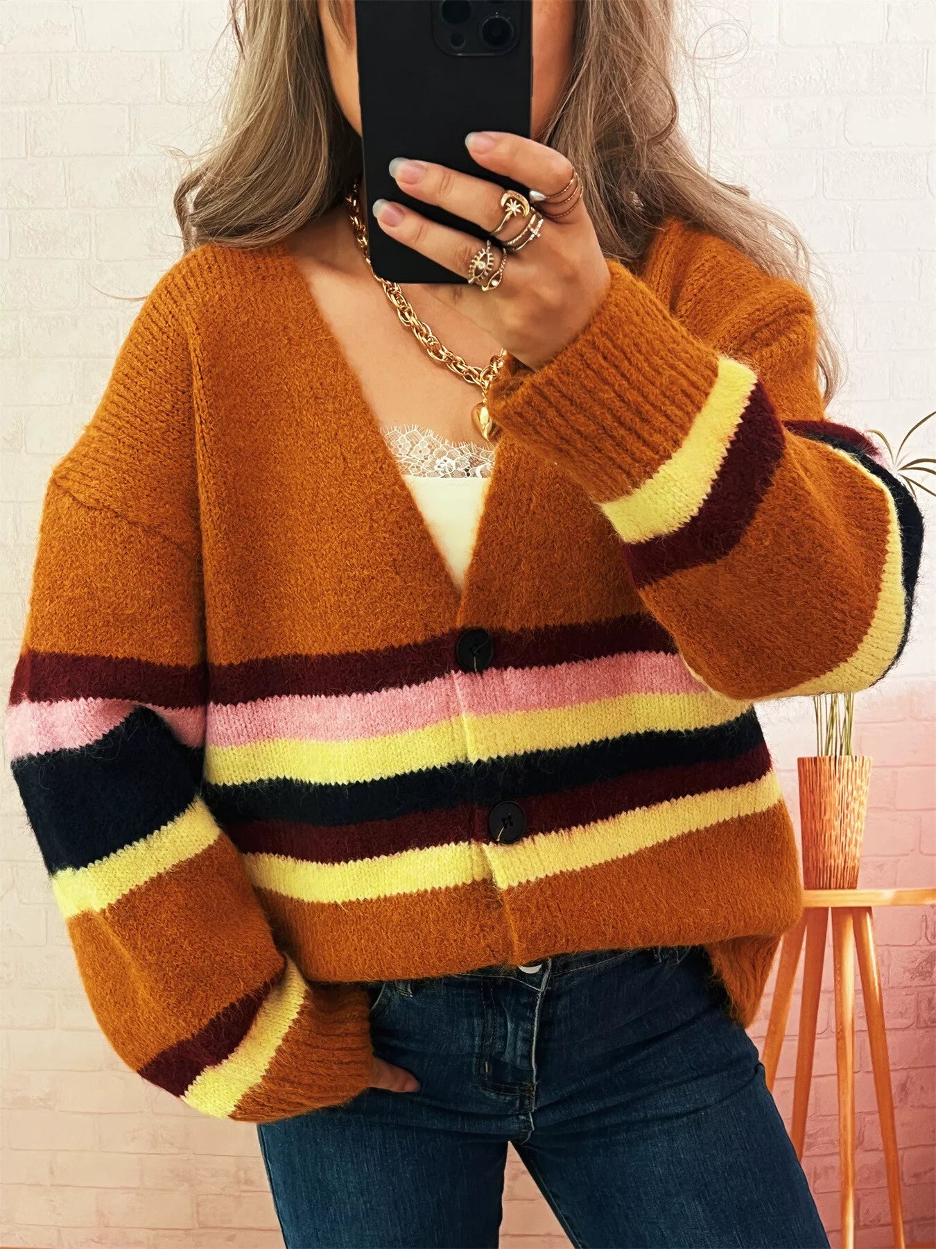 Ribbed Striped Button Down Cardigan