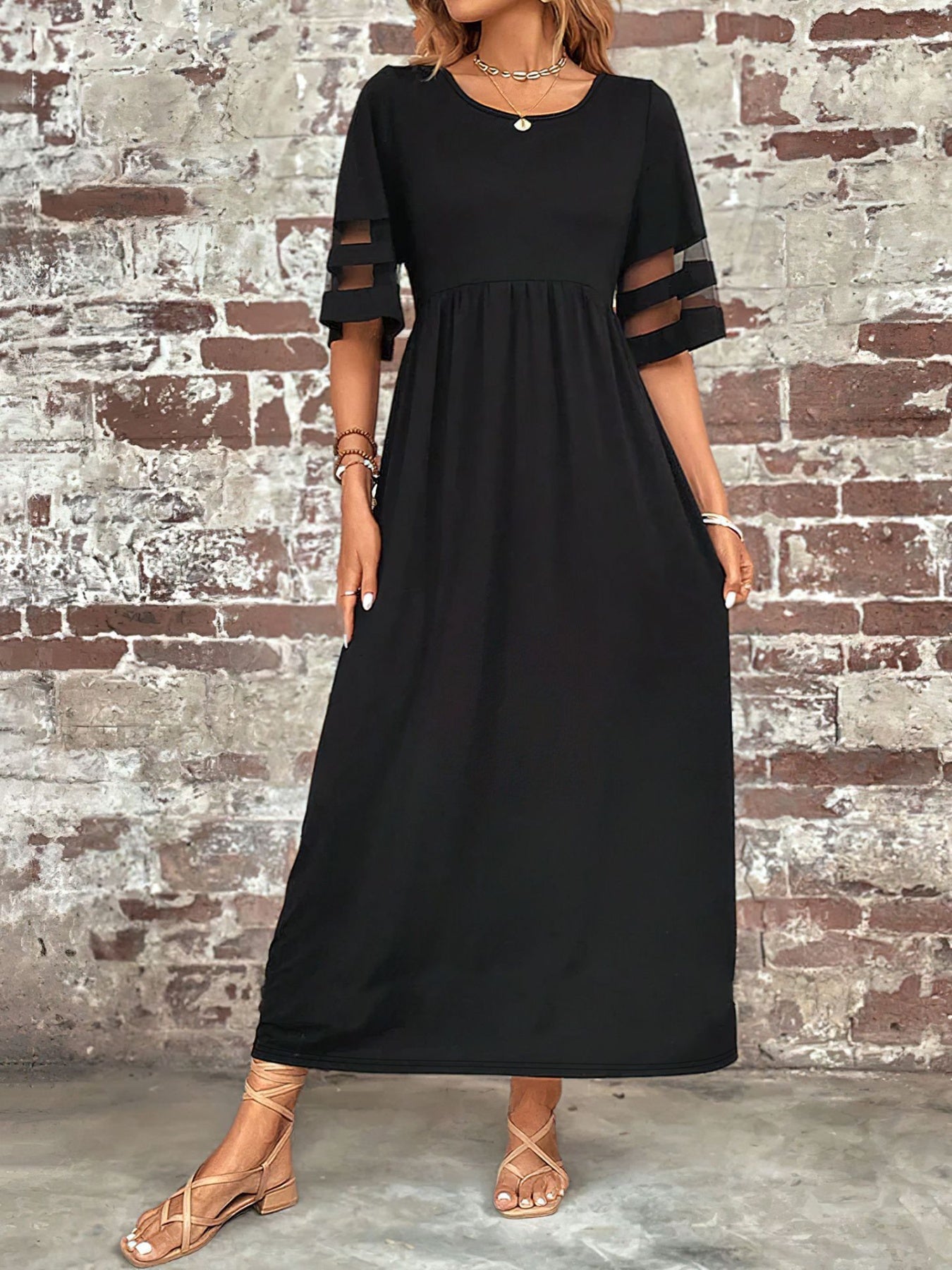 Plus Size Mesh Sleeve Round Neck Dress with