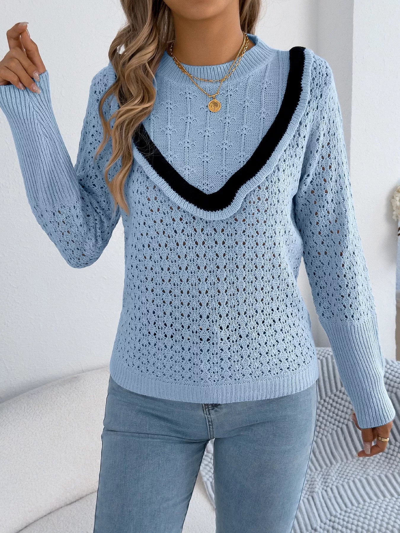 Hollow-Out Knit Top with Contrast Trim