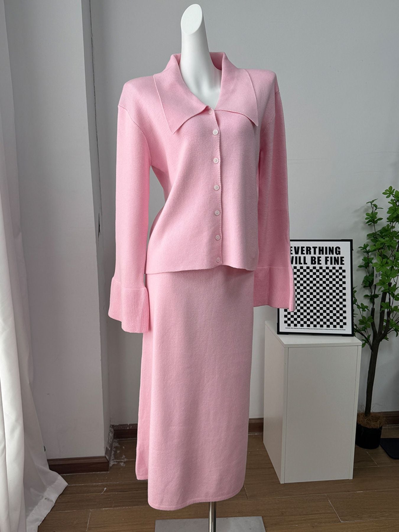 Button Down Long Sleeve Cardigan and Skirt Knit