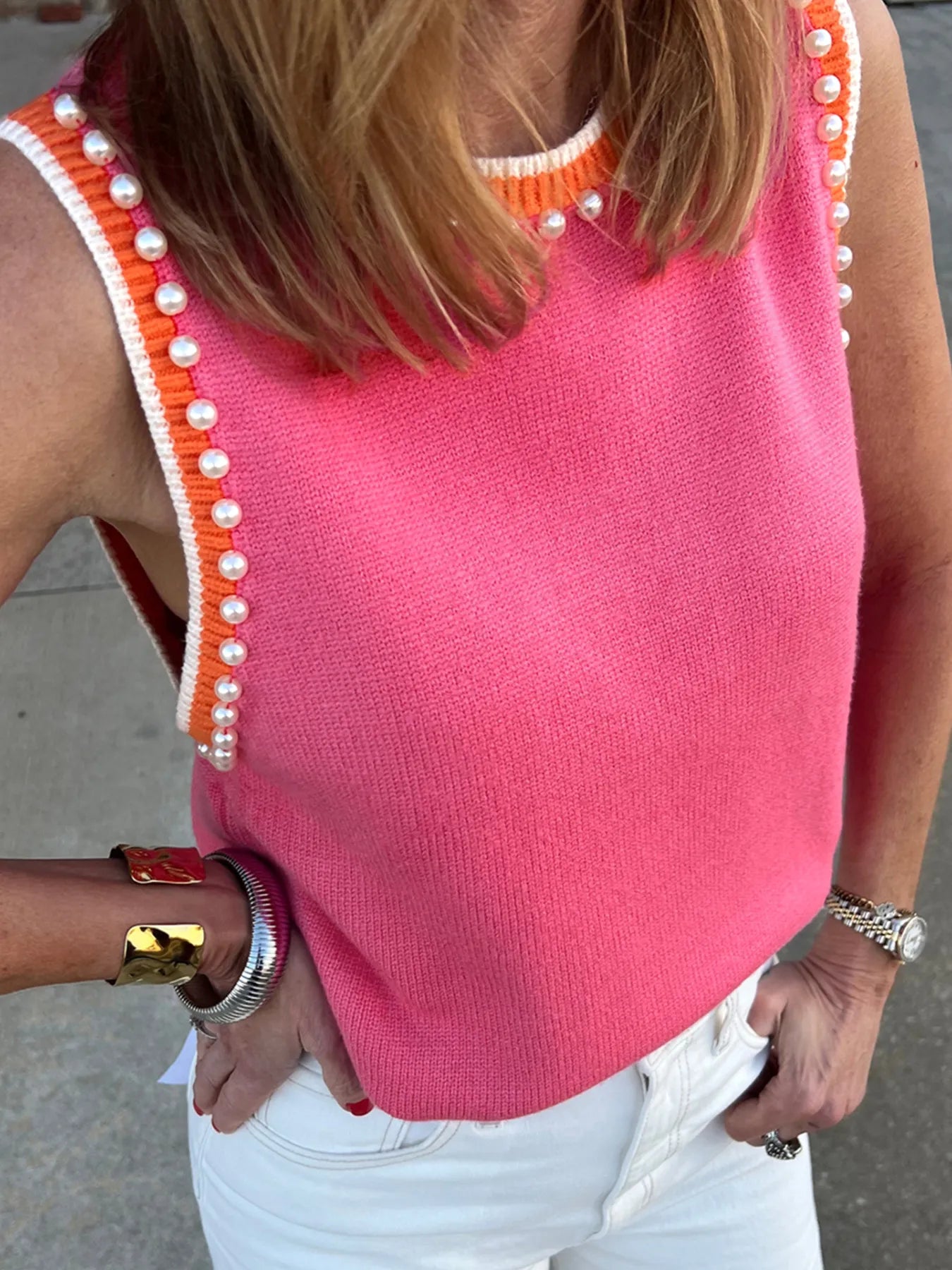 Contrast Trim Pearl Detail Sweater Tank Top