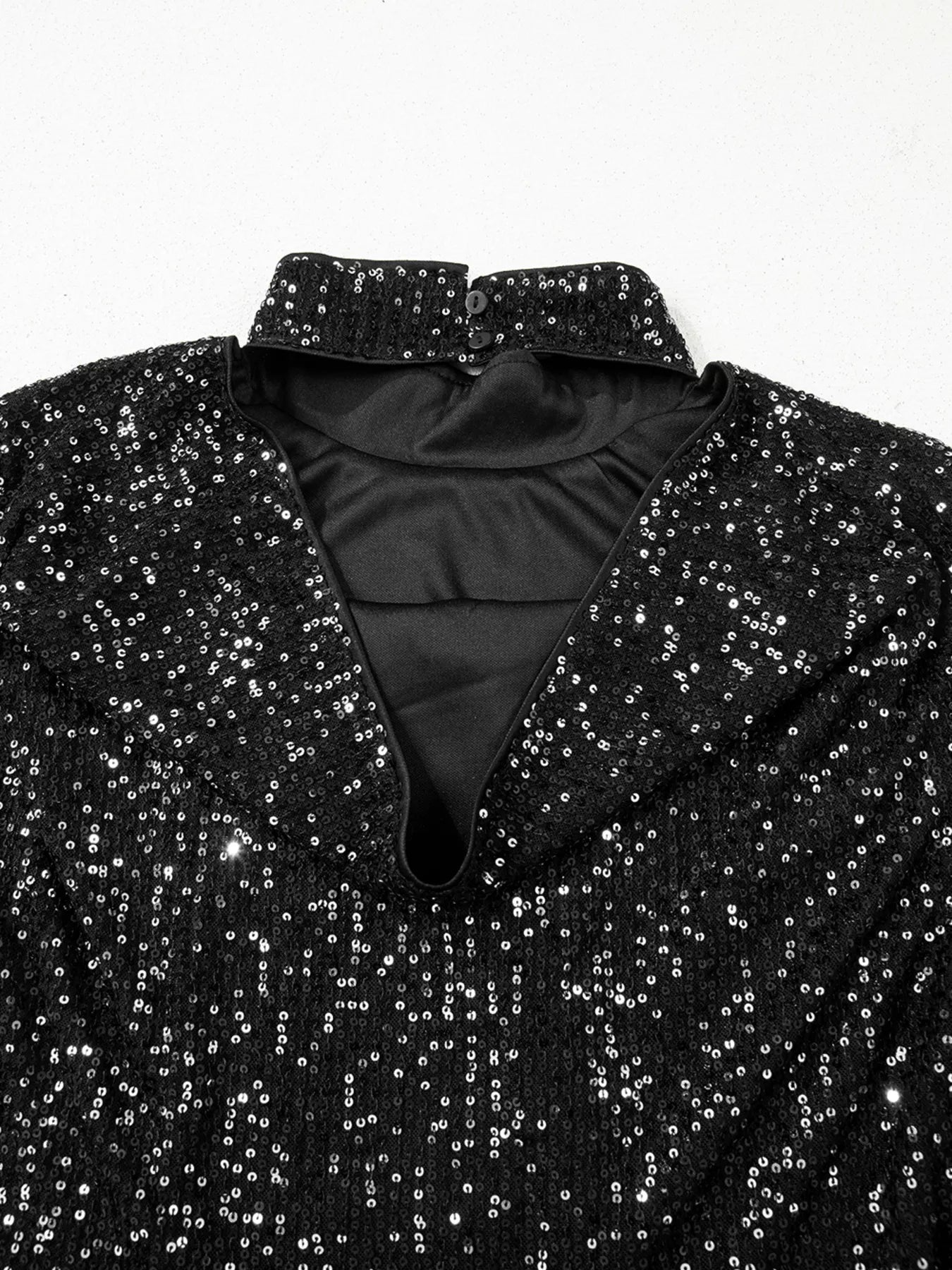 Sequin Mock Neck Drape Open Back Bell Sleeve