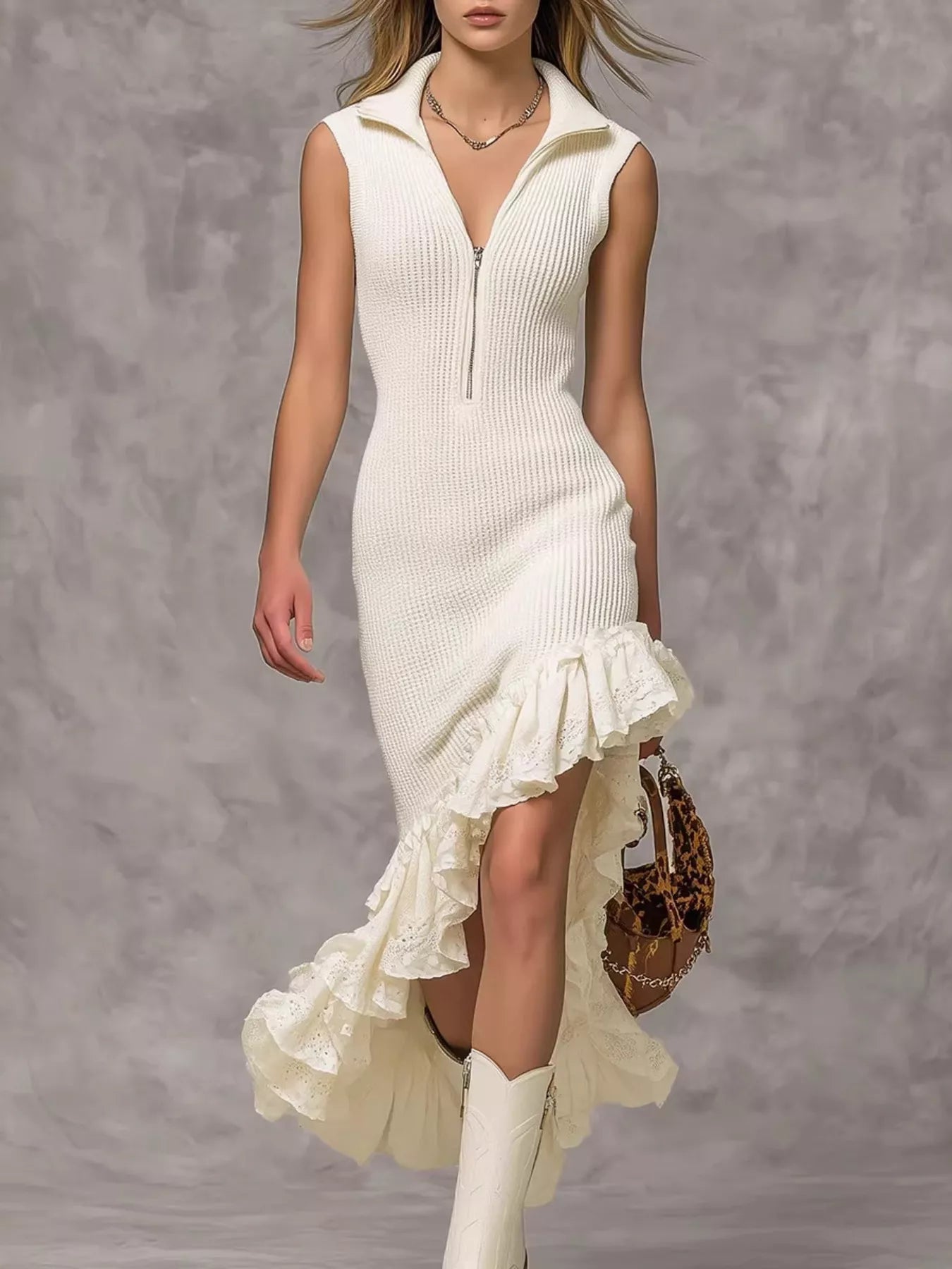 Asymmetrical Ruffle Hem Sleeveless Knit Dress
