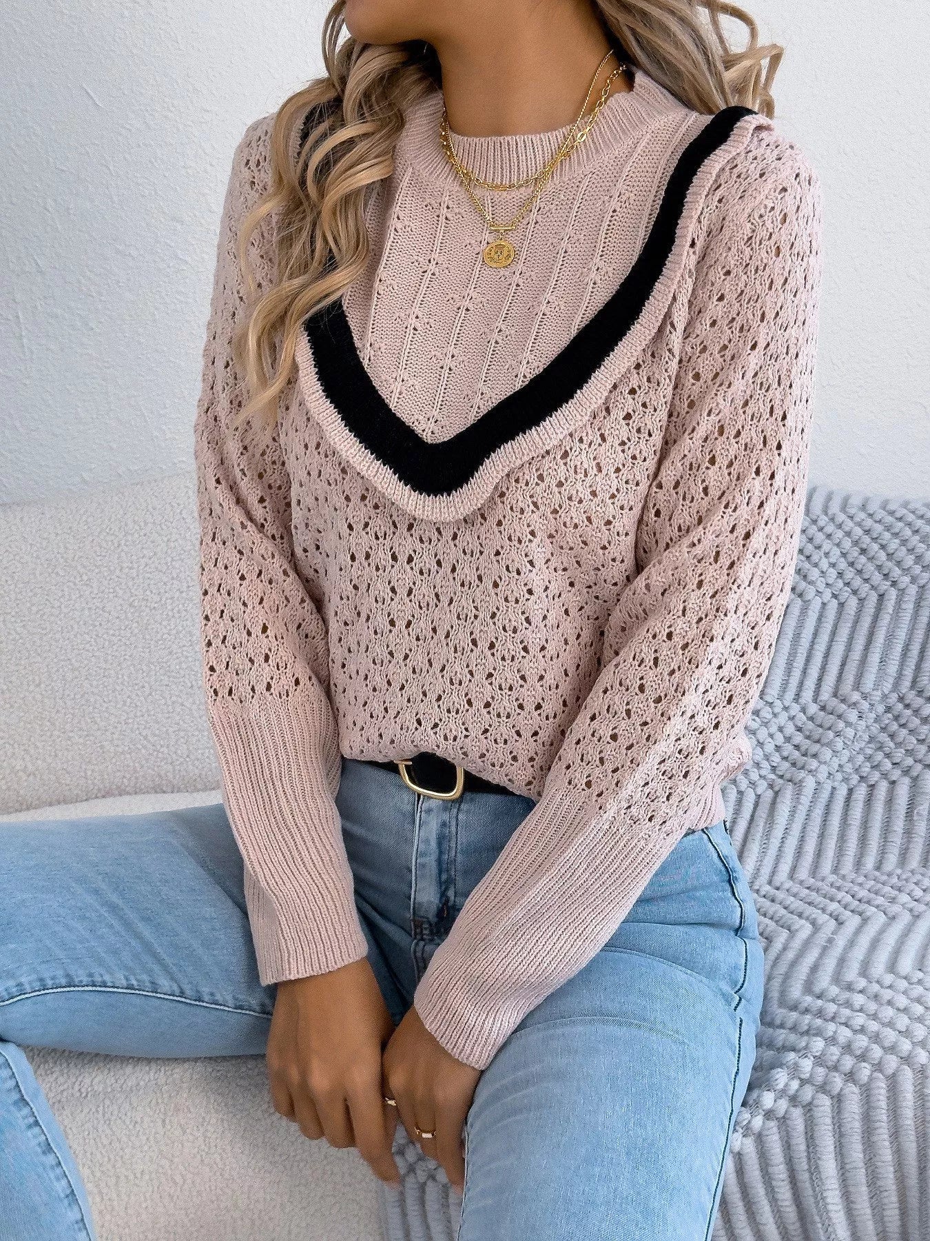 Hollow-Out Knit Top with Contrast Trim