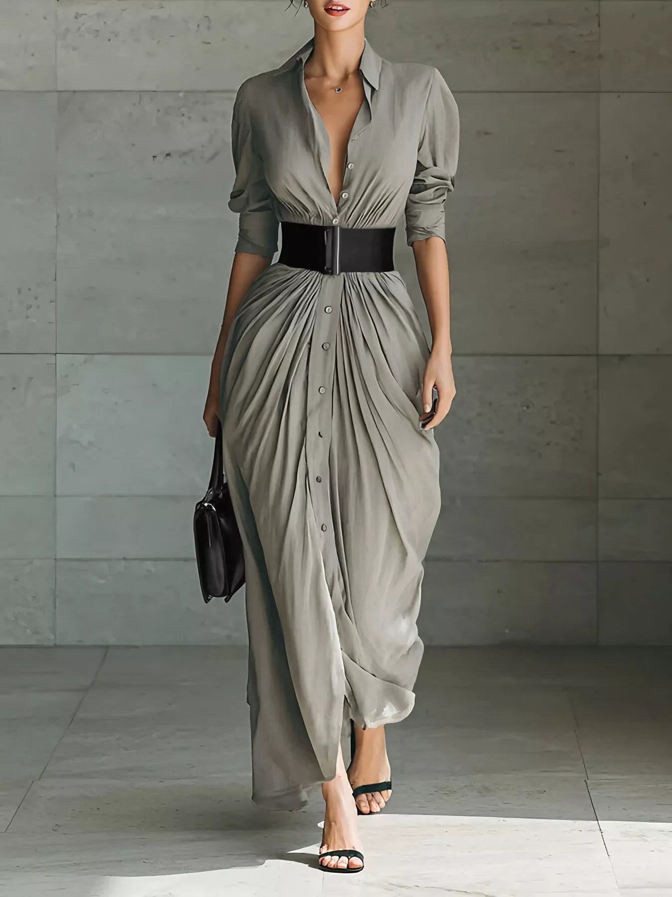 Full Size Button Front Ruched Shirt Maxi Dress