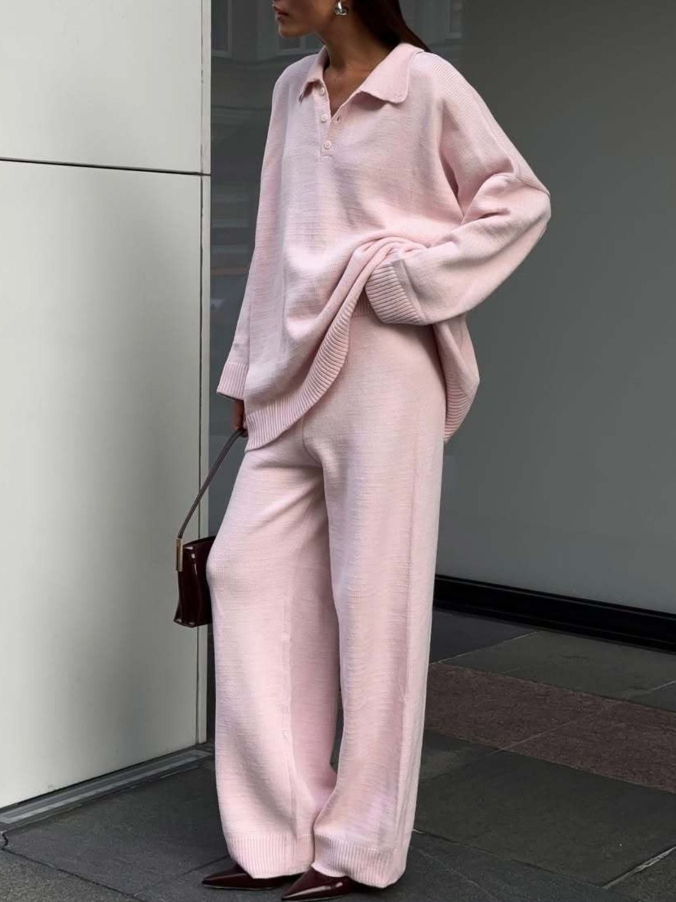 Polo Collar Top and Wide Leg Pants Knit