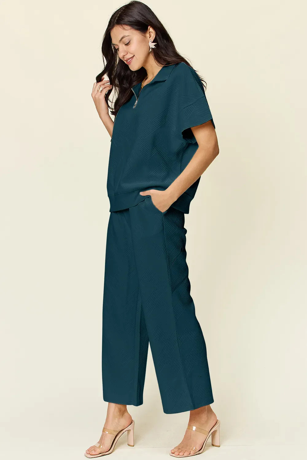 Double Take Full Size Texture Half Zip Short