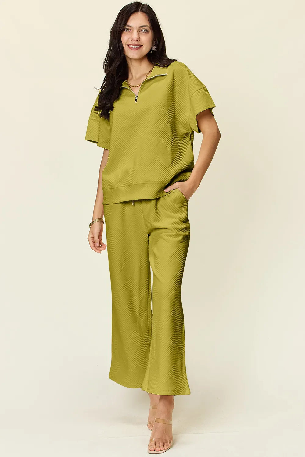 Double Take Full Size Texture Half Zip Short