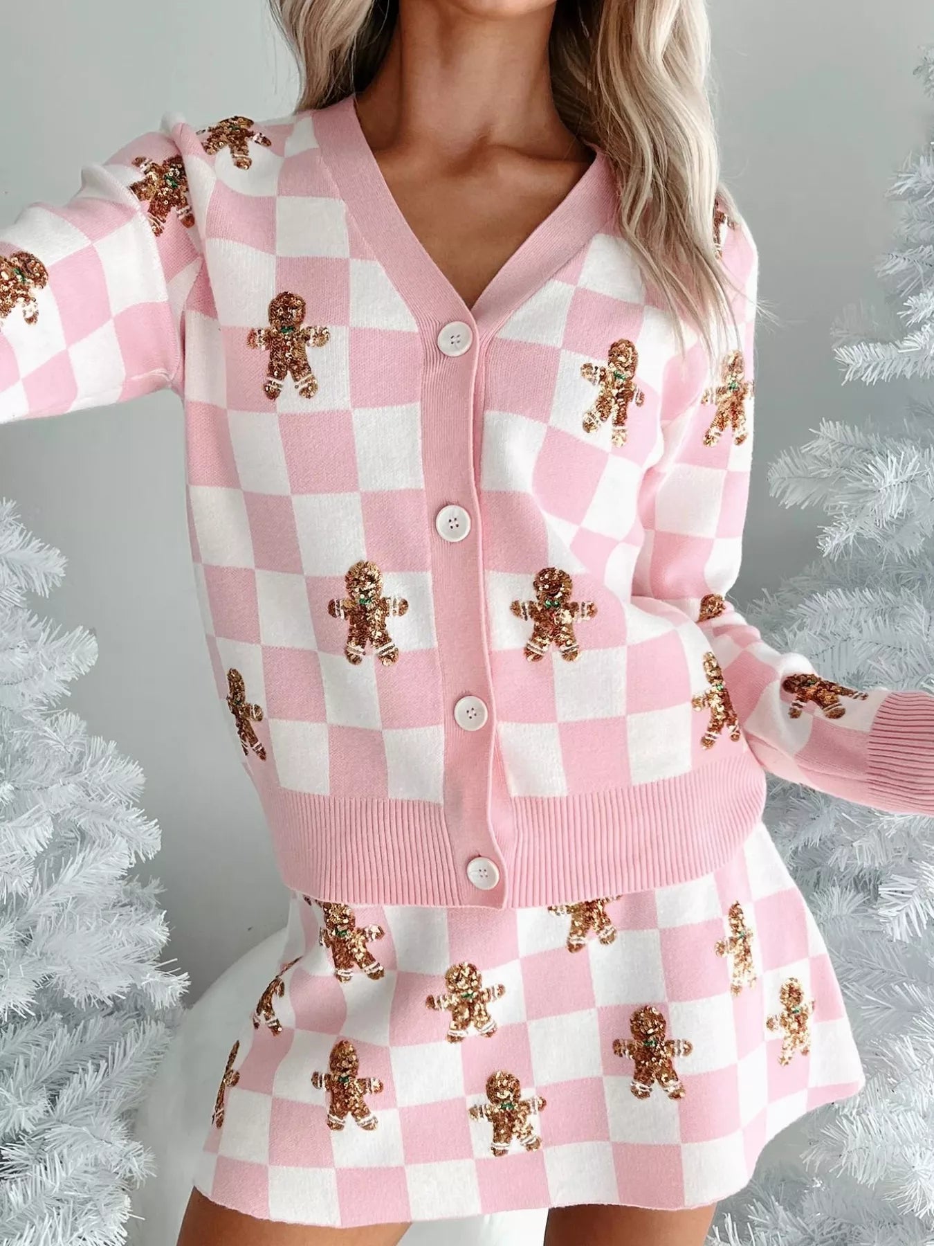 Gingerbread Checkered Cardigan and Skirt Sweater Set