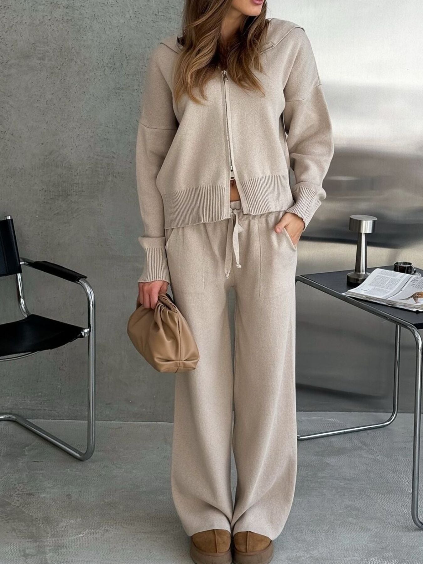 Zip Up Cardigan and Drawstring Wide Leg Pants