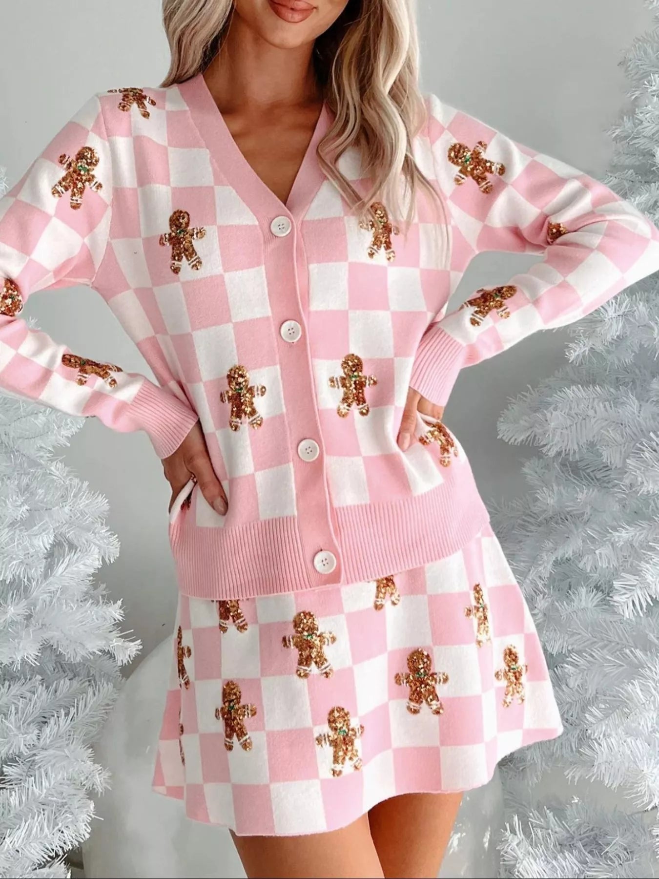 Gingerbread Checkered Cardigan and Skirt Sweater Set
