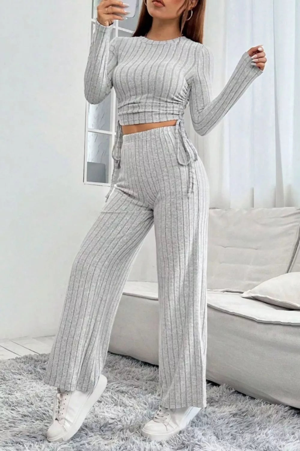 Ribbed Knit Long Sleeve Top & Wide Leg
