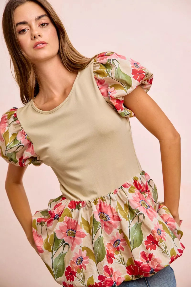 BiBi Floral Printed Bubble Sleeves and Hem Peplum