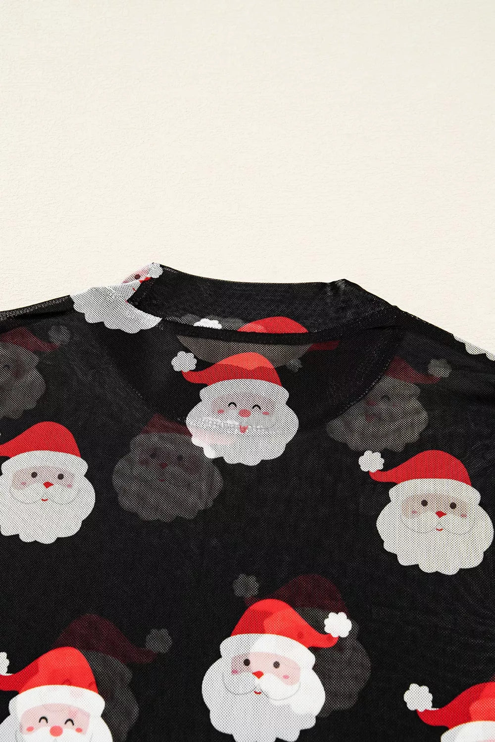 Christmas Santa Print Mesh Long Sleeve Top