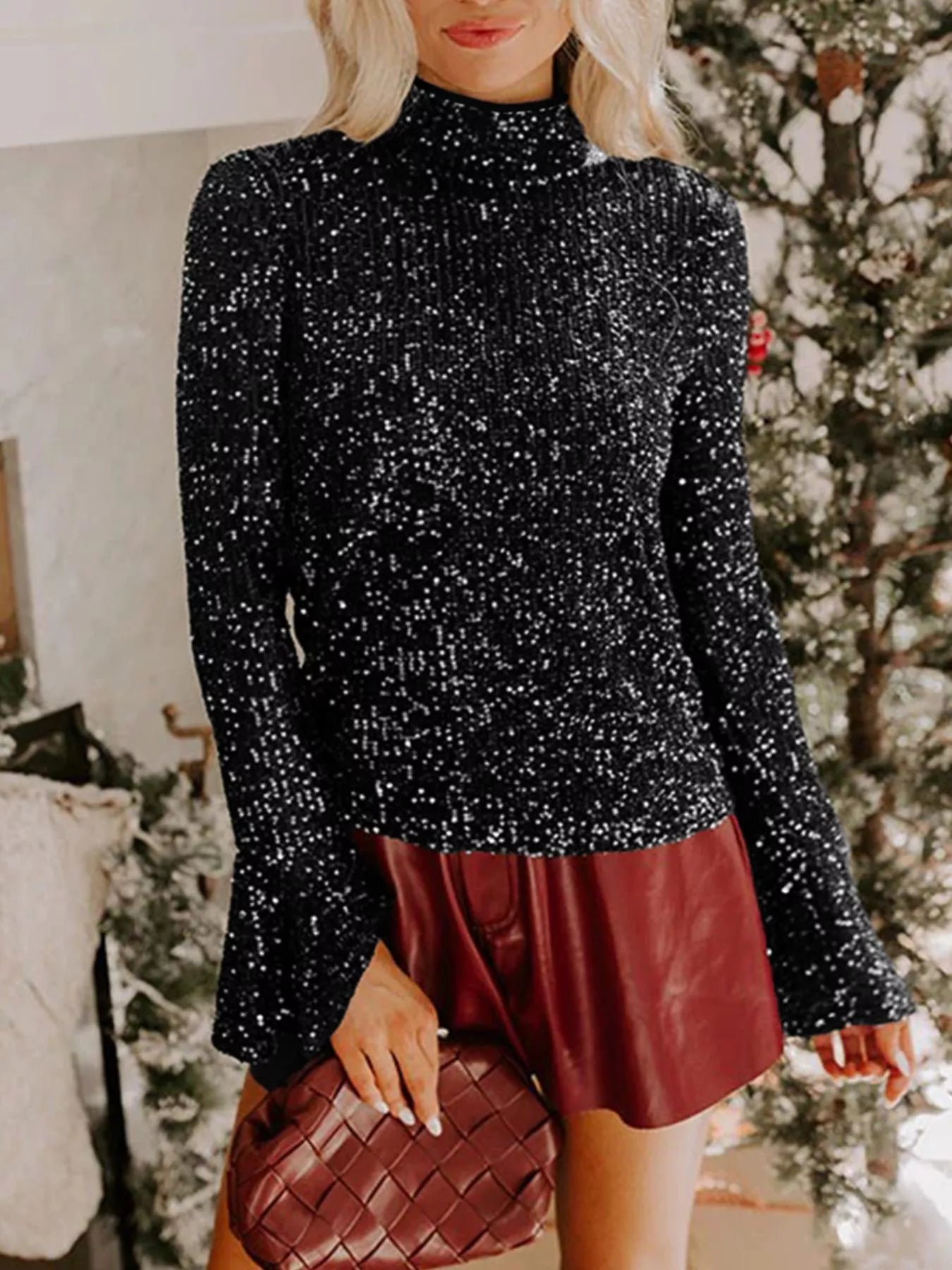 Sequin Mock Neck Drape Open Back Bell Sleeve