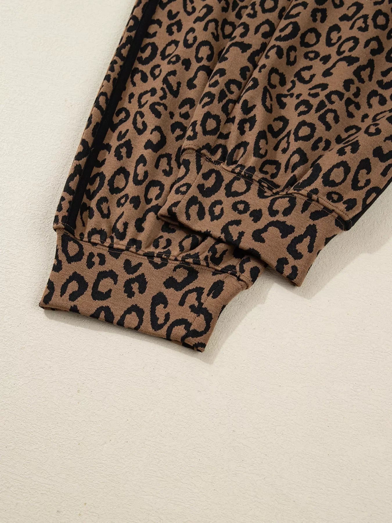 Striped Trim Leopard Long Sleeve Top Drawstring Pant