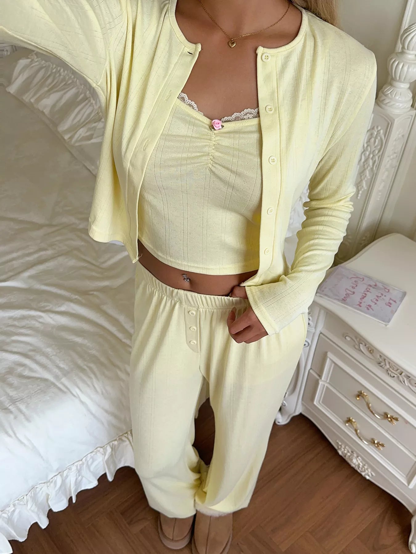 Cami & Long Sleeve Cardigan & Wide Leg