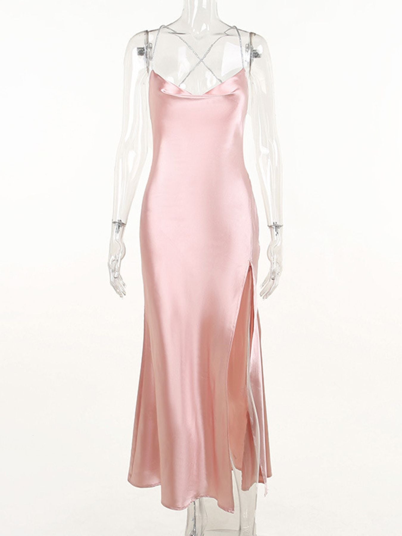 Slinky Satin Cowl Neck High Slit Dress with
