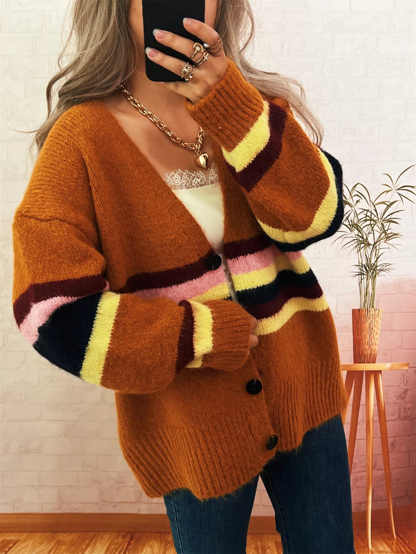 Ribbed Striped Button Down Cardigan