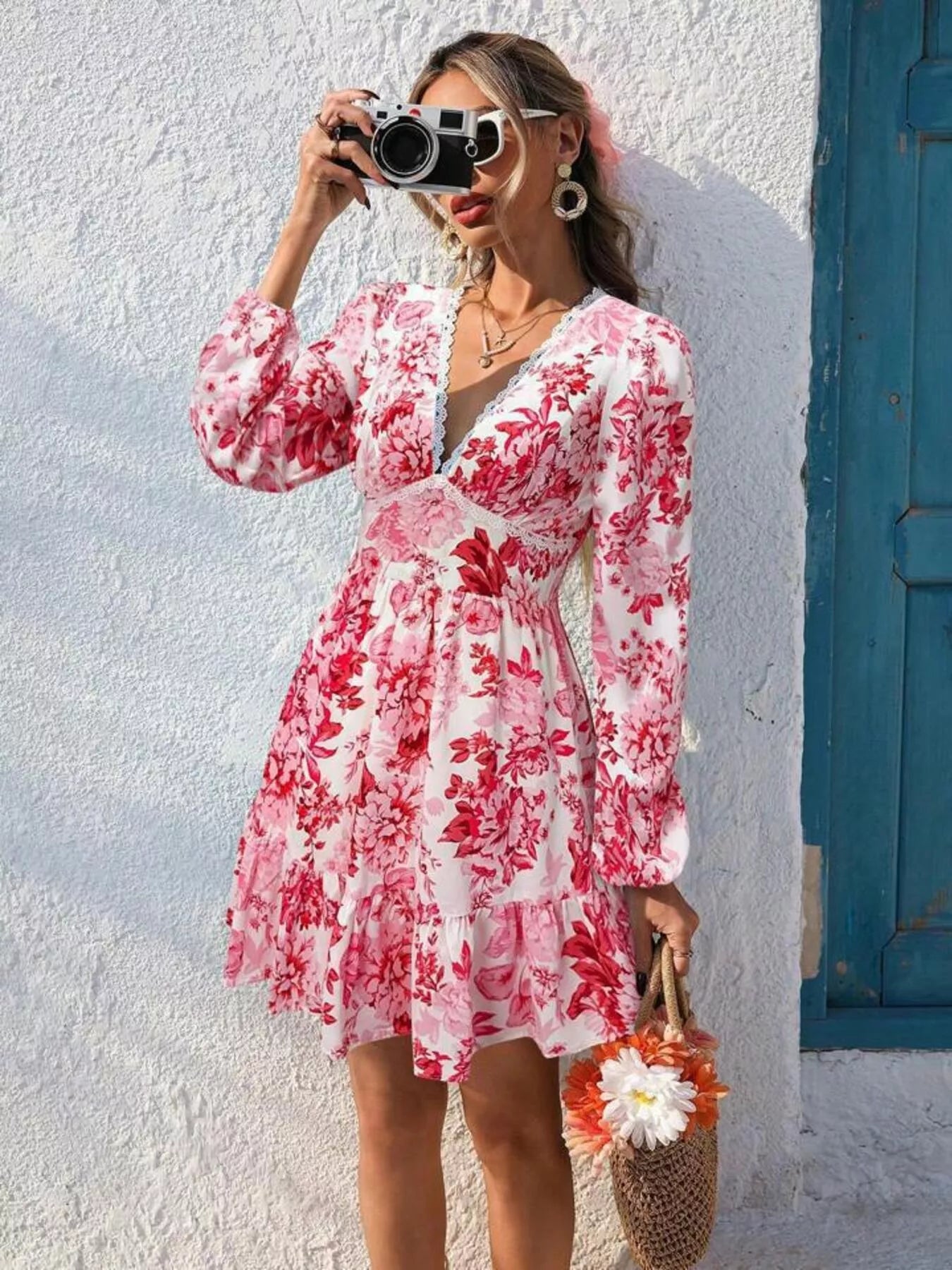 Full Size Floral Print V-Neck Long Sleeve Ruffle