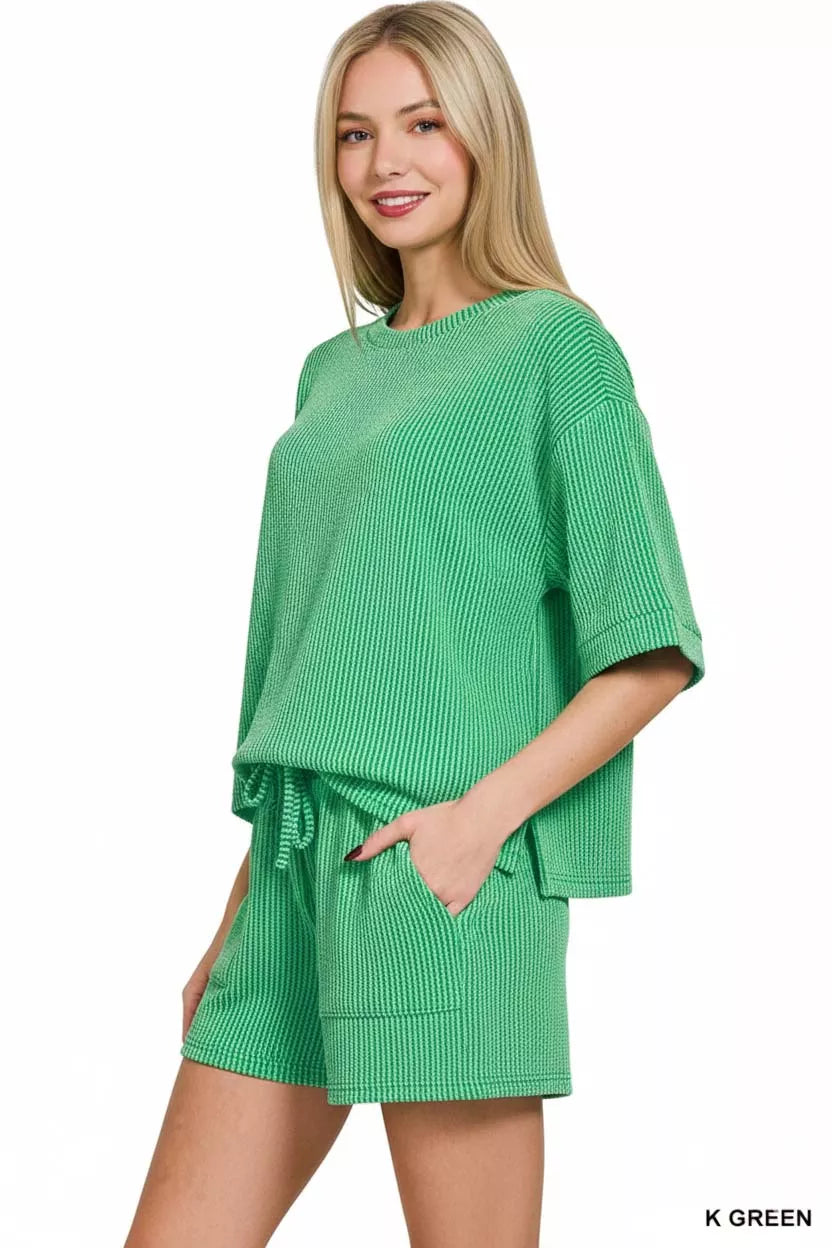 Zenana Raised Rib Short Sleeve Tee and Drawstring