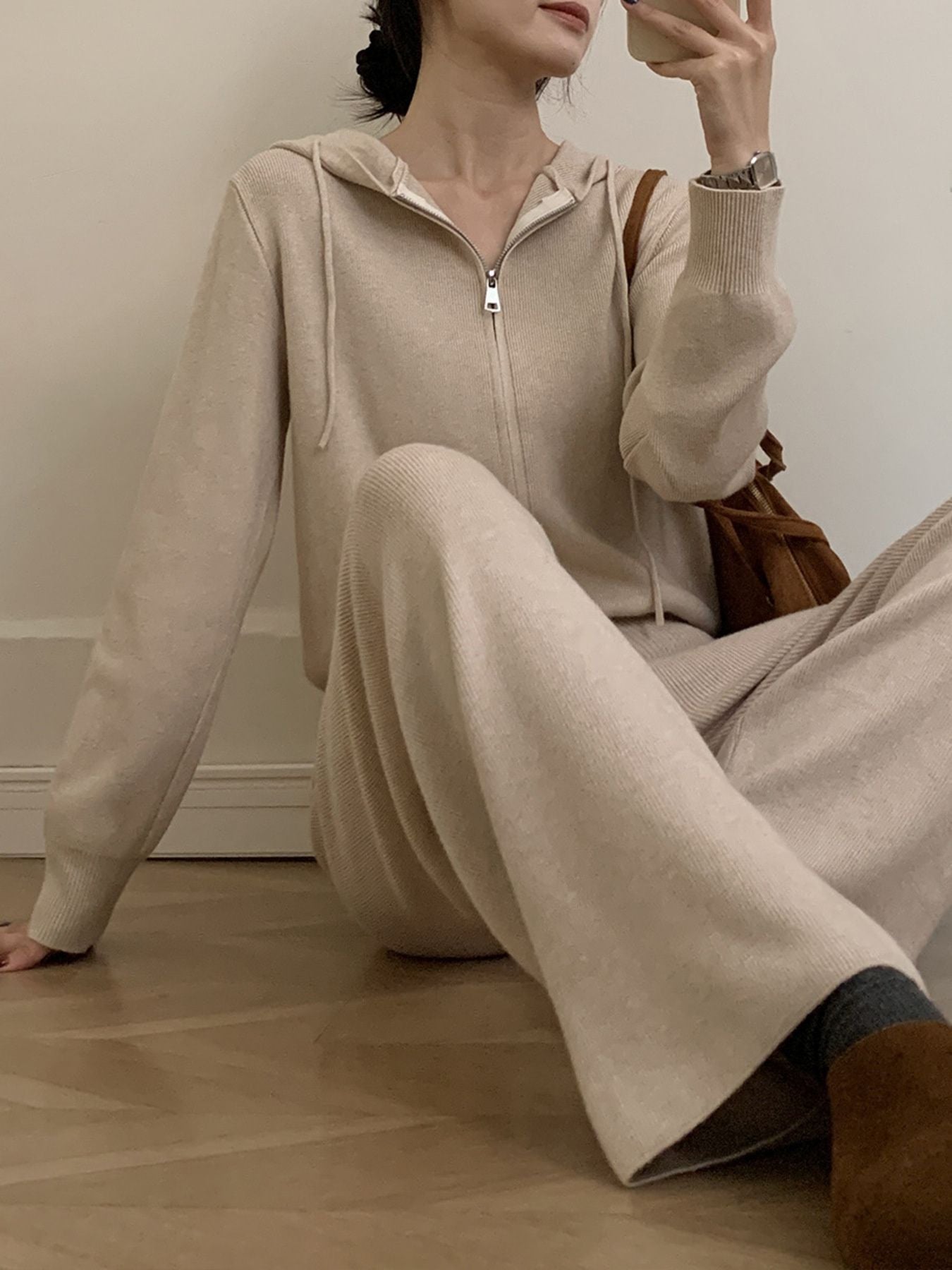 Zip Up Cardigan and Drawstring Wide Leg Pants