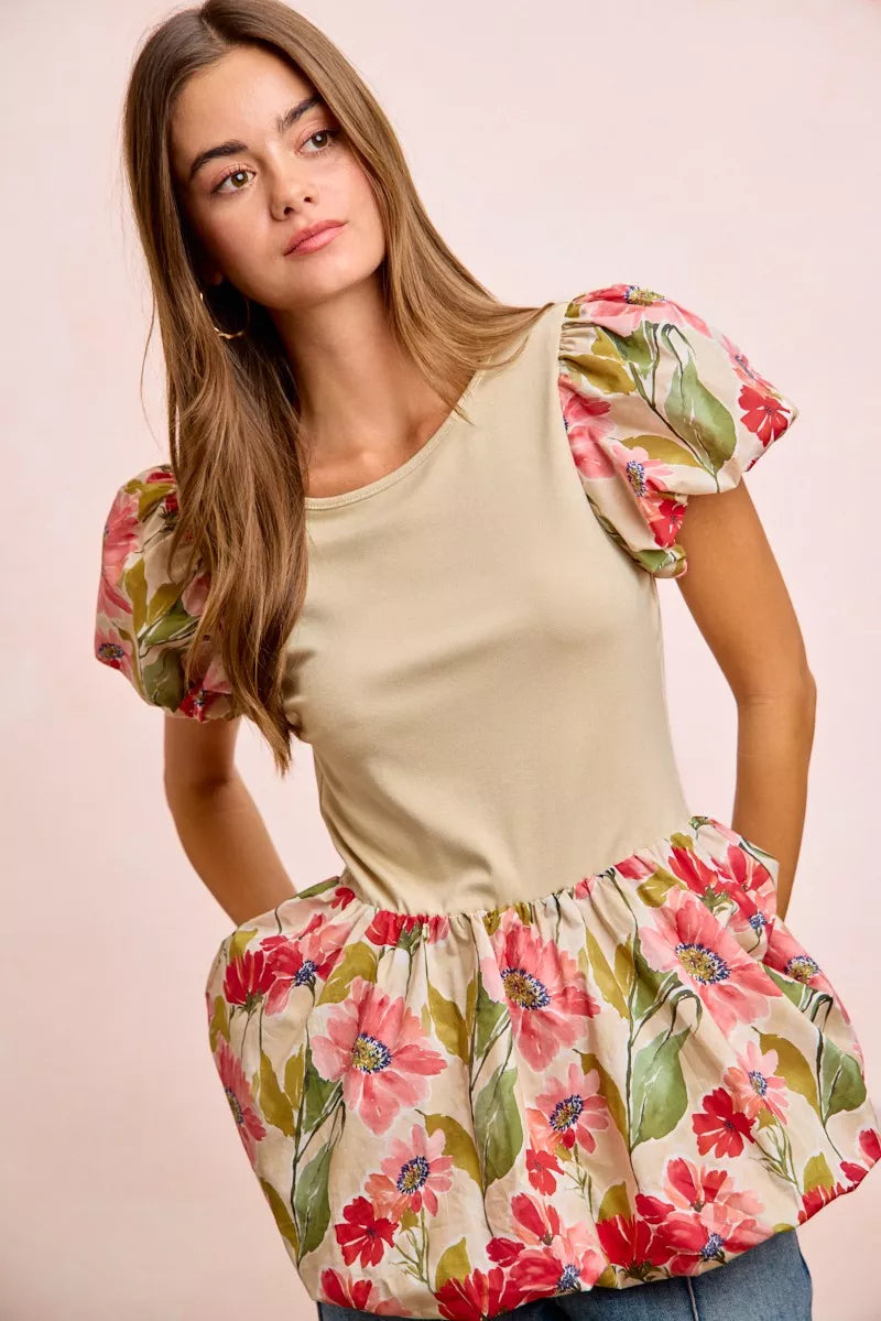 BiBi Floral Printed Bubble Sleeves and Hem Peplum